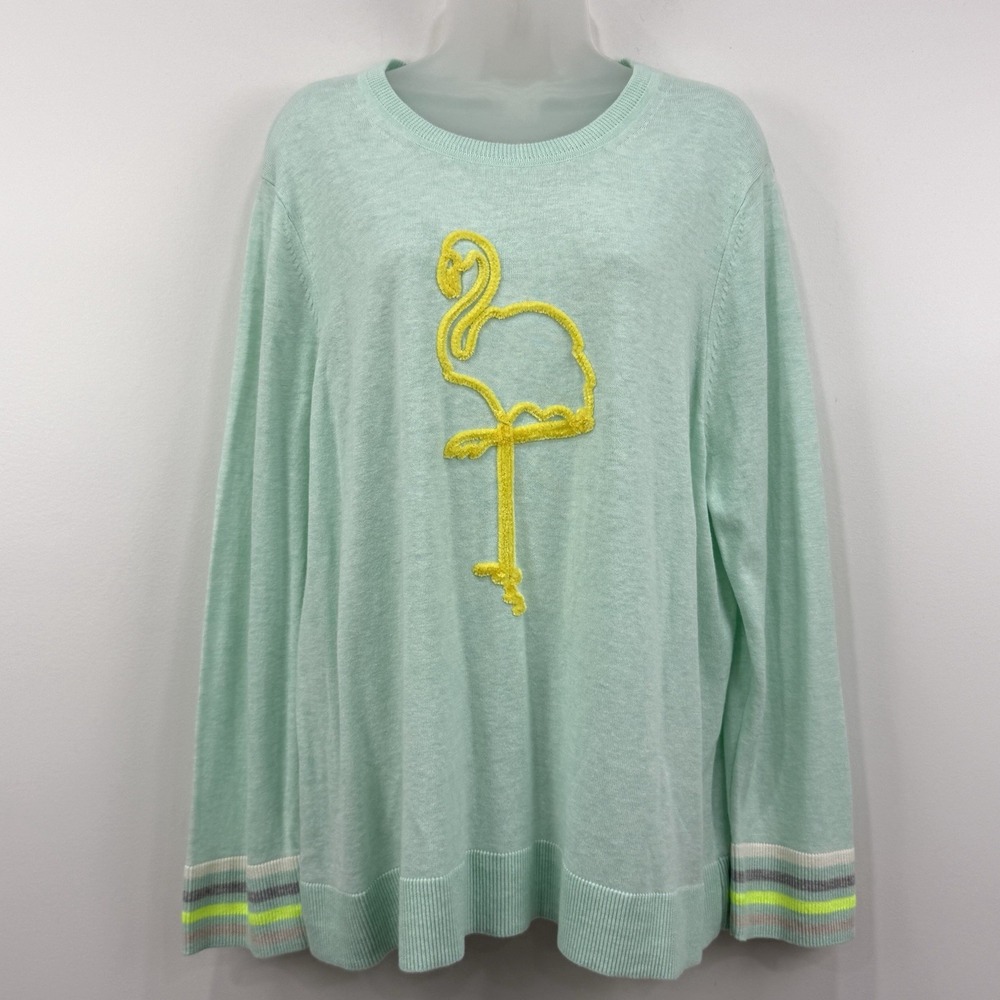 Lisa Todd Flamingo Sweater 2X Mint Artsy Embroidered Linen Resort Novelty Preppy